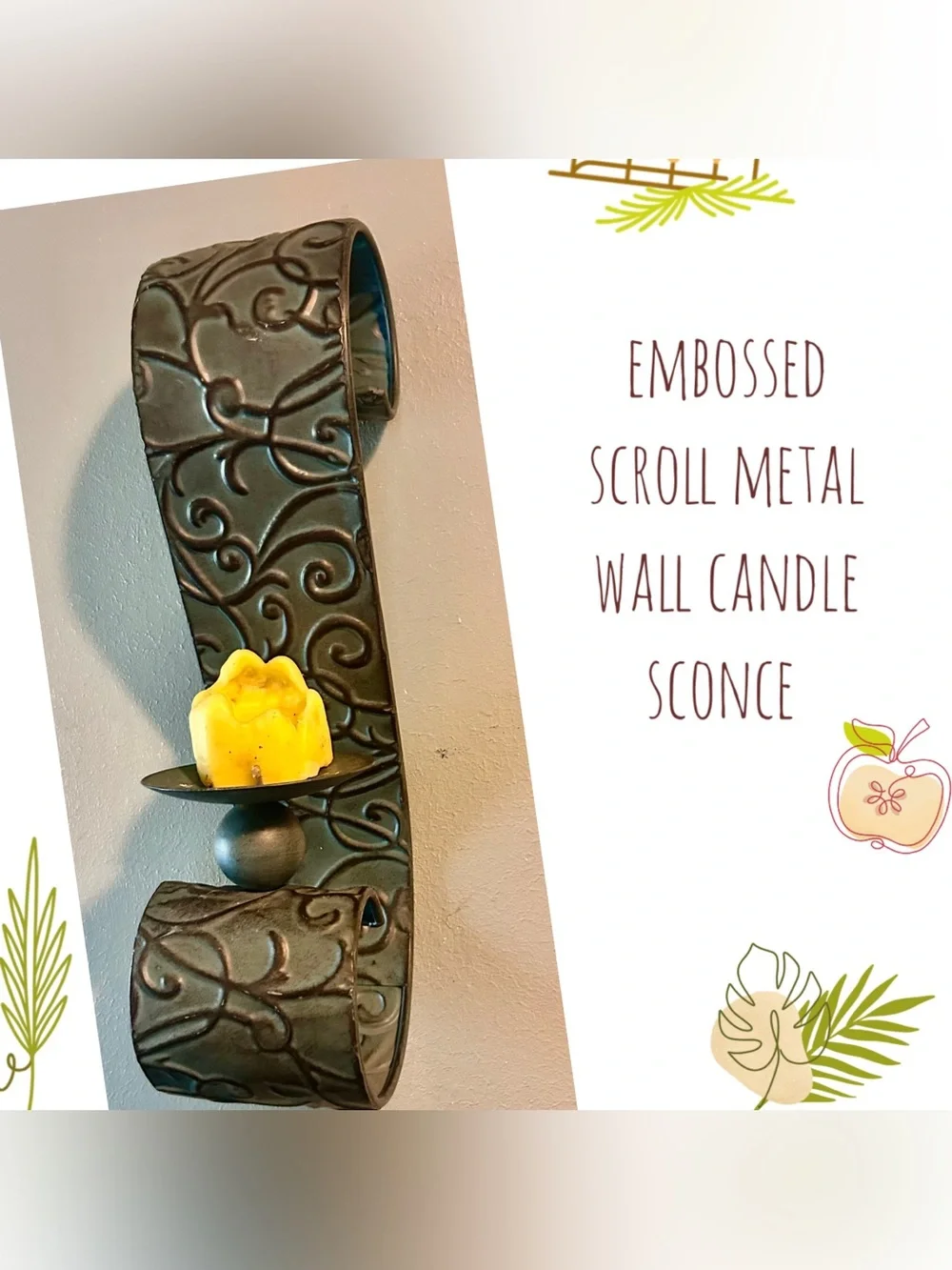 Embossed Scroll Metal Wall Candle Sconce - Black